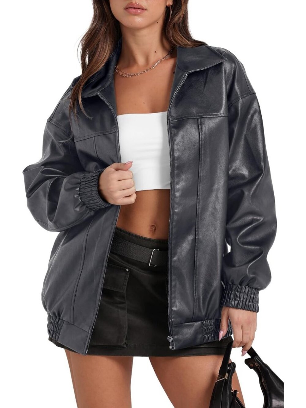 Womens Grey Faux Leather Baggy Oversized Zip Up Classic Motorcycle Bomber Jacket
